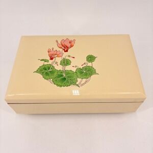 Vintage Cream Lacquer Music Box Jewelry Case Floral Botanical 70s Retro Decor
